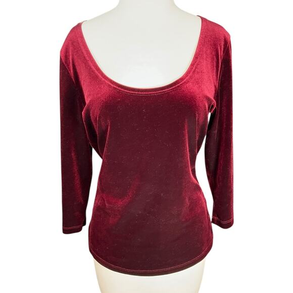 Boston Proper Velvet Top Medium Burgundy Scoop Neck 3/4 Sleeve Stretch Blouse - Picture 10 of 10